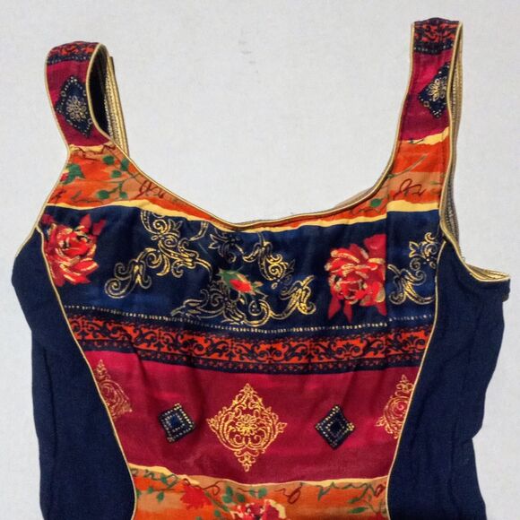 Vtg Sirena One Piece Swimsuit-Size 8-Floral-Built In Bra-Gold Trim-Wide Straps - Picture 2 of 10